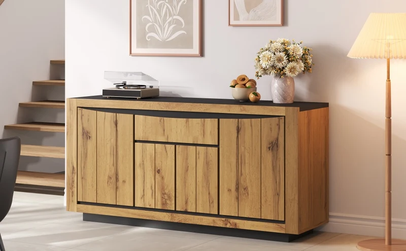 Buffet effet bois et noir 4 portes 1 tiroir 140x38,5x52cm ELEMENTLA