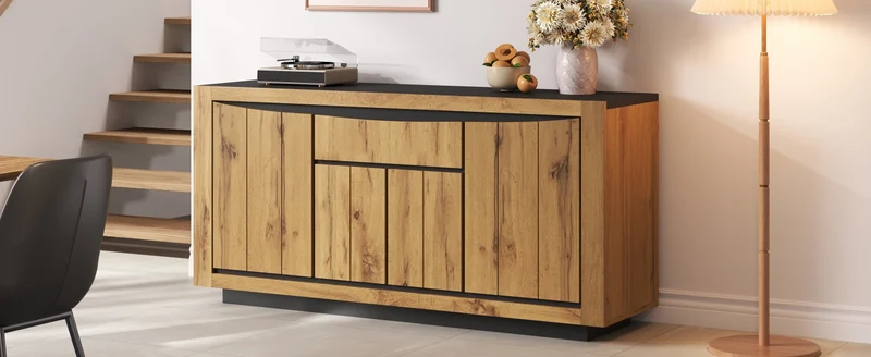 Buffet effet bois et noir 4 portes 1 tiroir 140x38,5x52cm ELEMENTLA