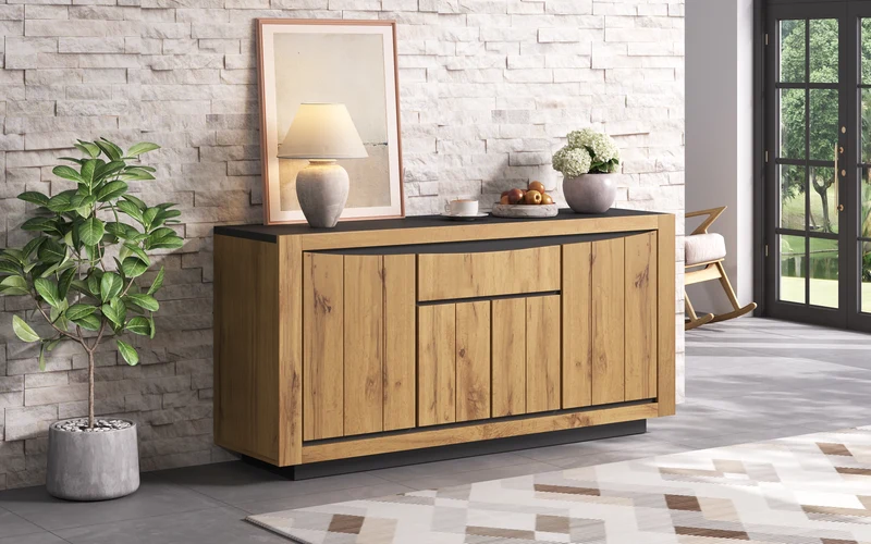 Buffet effet bois et noir 4 portes 1 tiroir 140x38,5x52cm ELEMENTLA
