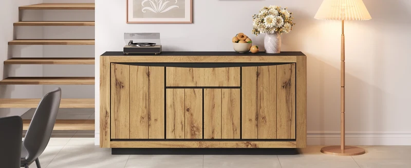 Buffet effet bois et noir 4 portes 1 tiroir 140x38,5x52cm ELEMENTLA