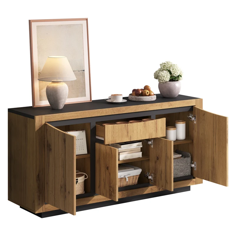 Buffet effet bois et noir 4 portes 1 tiroir 140x38,5x52cm ELEMENTLA