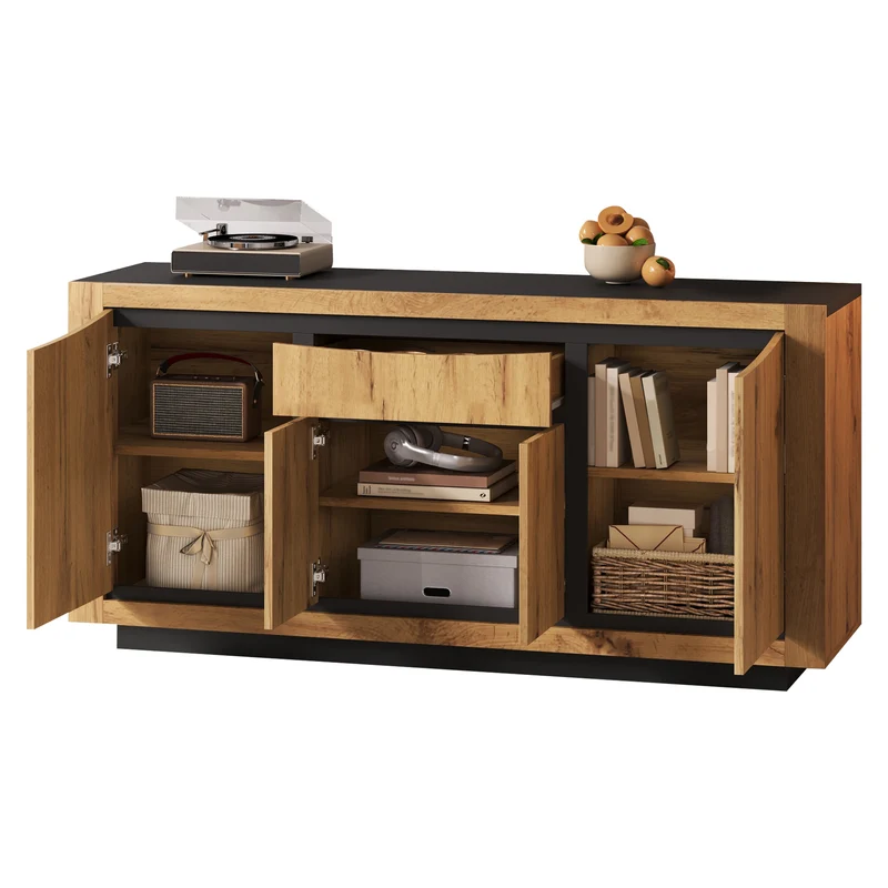 Buffet effet bois et noir 4 portes 1 tiroir 140x38,5x52cm ELEMENTLA