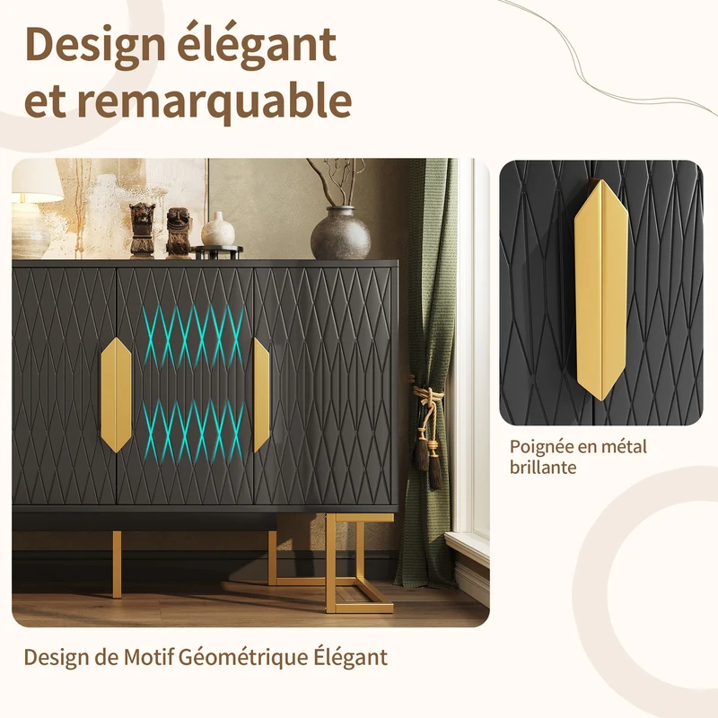 Buffet chic noir 4 portes avec motifs géométriques et détails dorés 140x40x80cm AURORALON