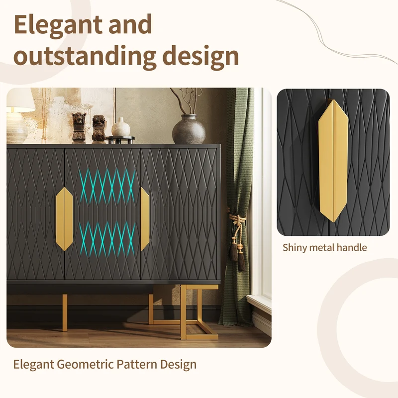 Buffet chic noir 4 portes avec motifs géométriques et détails dorés 140x40x80cm AURORALON