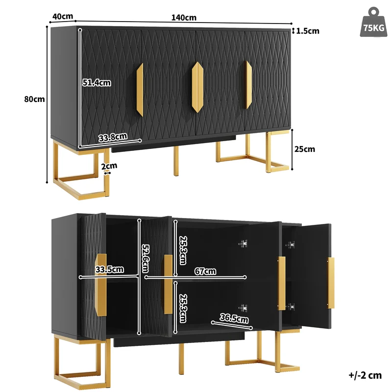 Buffet chic noir 4 portes avec motifs géométriques et détails dorés 140x40x80cm AURORALON