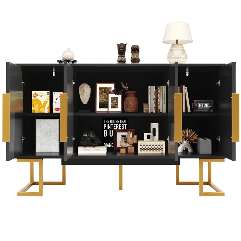 Buffet chic noir 4 portes avec motifs géométriques et détails dorés 140x40x80cm AURORALON