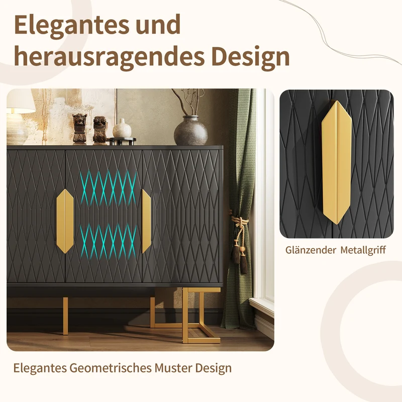 Buffet chic noir 4 portes avec motifs géométriques et détails dorés 140x40x80cm AURORALON
