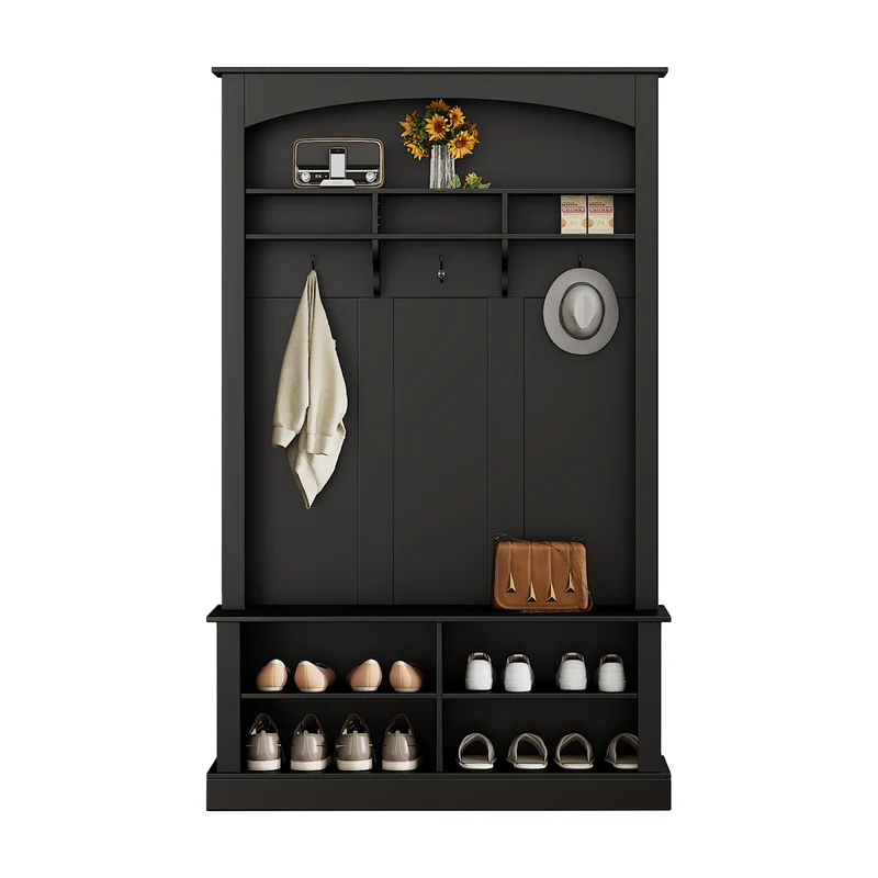 Unequivalent Vestiaire d’Entrée 120x40x190 cm Noir MDF avec Banc, Patères et Range-Chaussures