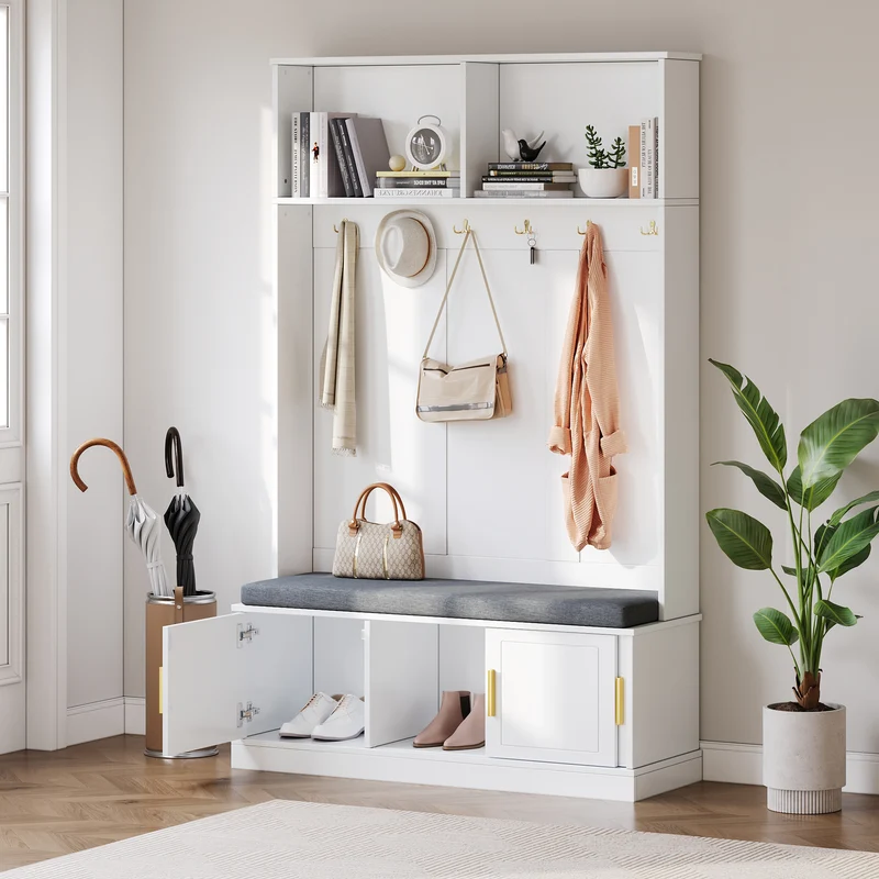 Cinematographical Vestiaire d’entrée blanc 120x40x191 cm en MDF, porte-manteaux avec banc à chaussures