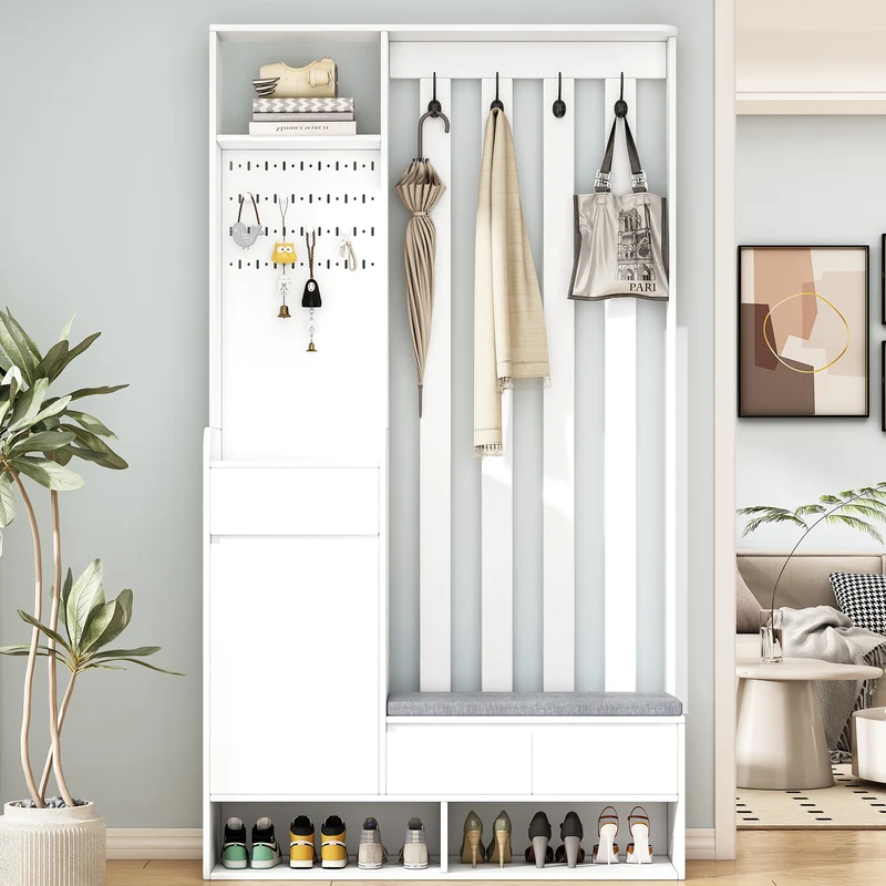 Airify Vestiaire d’entrée blanc MDF 100x35x180 cm avec banc rembourré et panneau perforé
