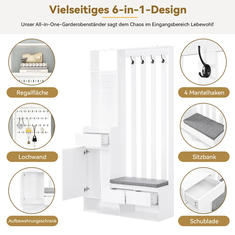 Airify Vestiaire d’entrée blanc MDF 100x35x180 cm avec banc rembourré et panneau perforé