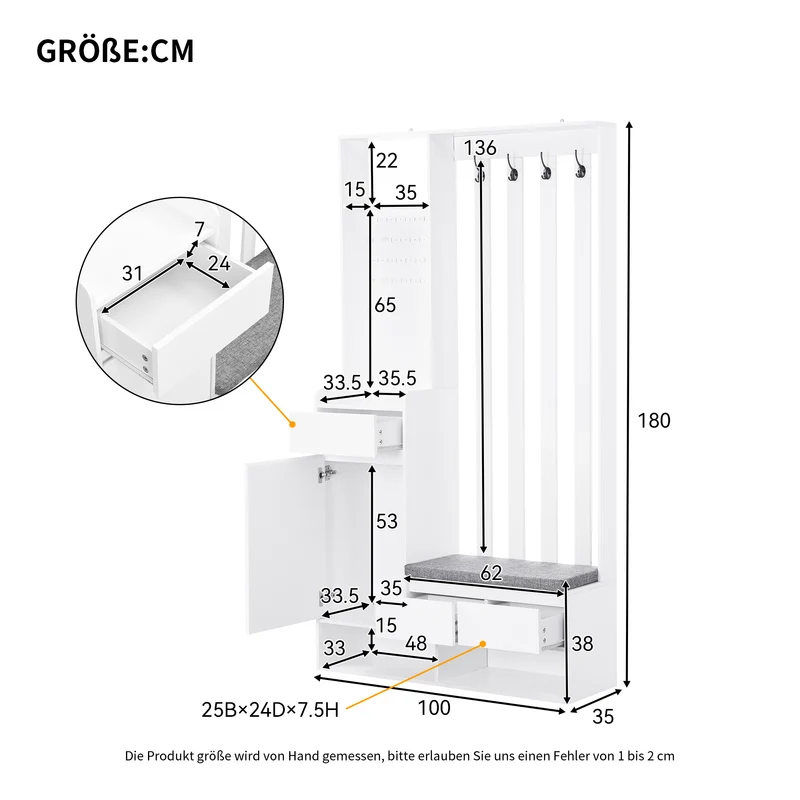 Airify Vestiaire d’entrée blanc MDF 100x35x180 cm avec banc rembourré et panneau perforé