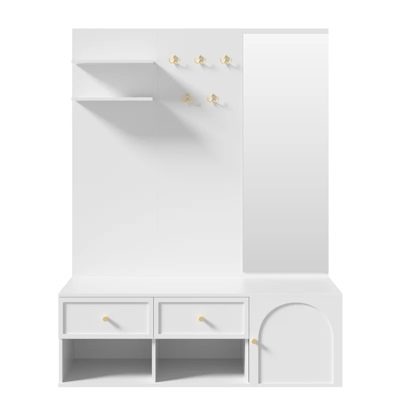 Reconfigurations Meuble d’entrée blanc 120 cm avec miroir, banc et rangement chaussures
