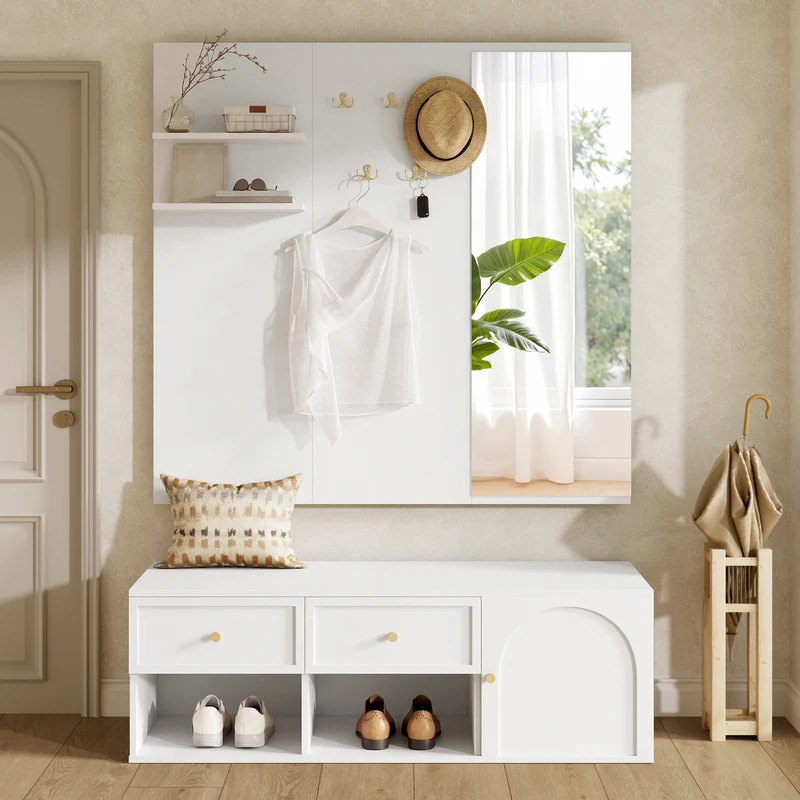 Reconfigurations Meuble d’entrée blanc 120 cm avec miroir, banc et rangement chaussures