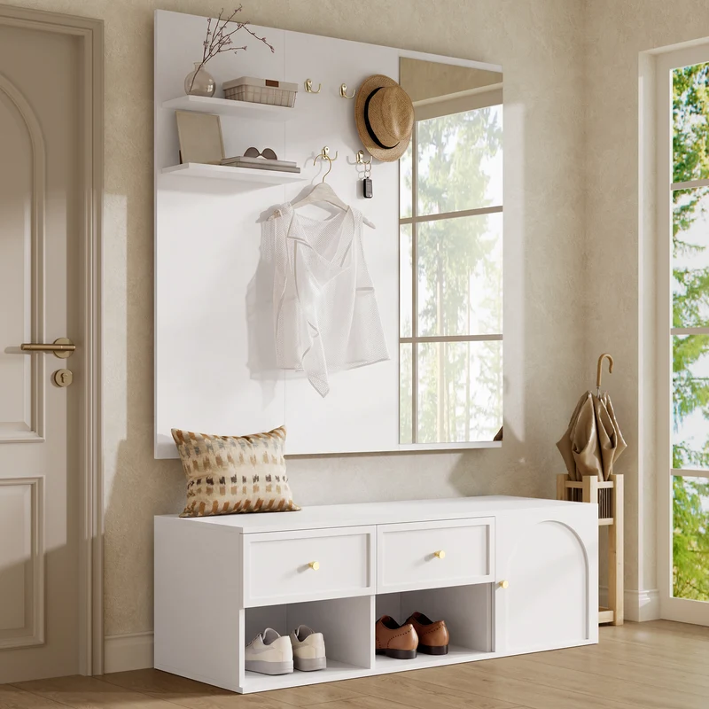 Reconfigurations Meuble d’entrée blanc 120 cm avec miroir, banc et rangement chaussures