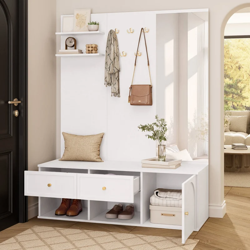 Reconfigurations Meuble d’entrée blanc 120 cm avec miroir, banc et rangement chaussures