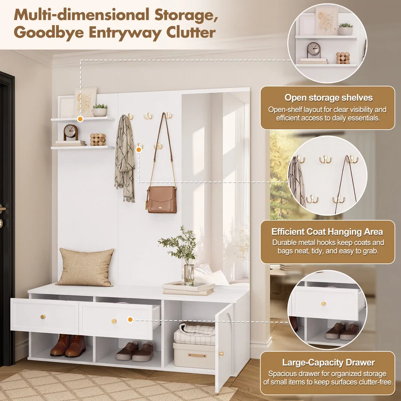 Reconfigurations Meuble d’entrée blanc 120 cm avec miroir, banc et rangement chaussures