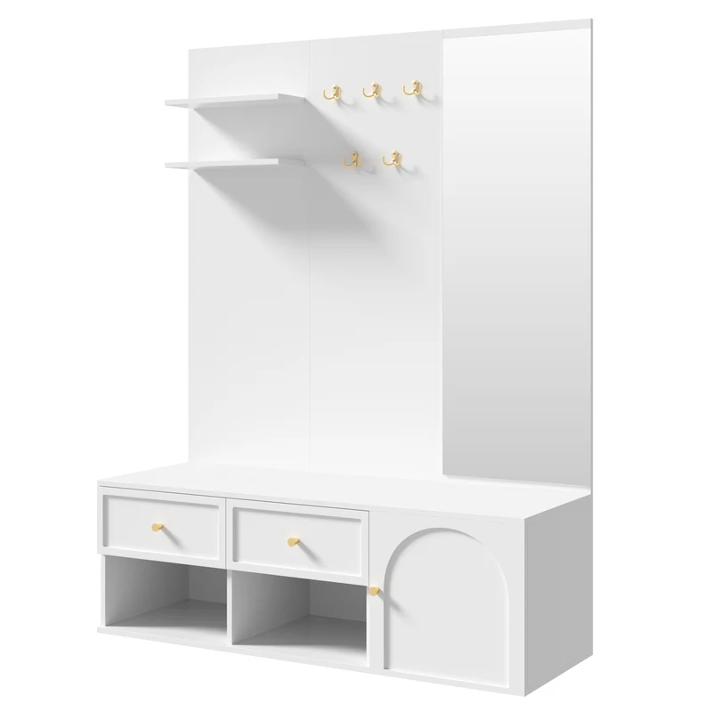 Reconfigurations Meuble d’entrée blanc 120 cm avec miroir, banc et rangement chaussures