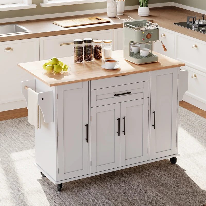 Procotols Îlot de Cuisine Roulant 136x70x92 cm MDF Blanc Naturel avec Plateau Extensible