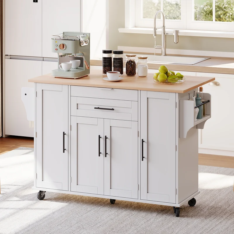 Procotols Îlot de Cuisine Roulant 136x70x92 cm MDF Blanc Naturel avec Plateau Extensible