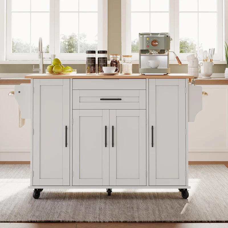 Procotols Îlot de Cuisine Roulant 136x70x92 cm MDF Blanc Naturel avec Plateau Extensible