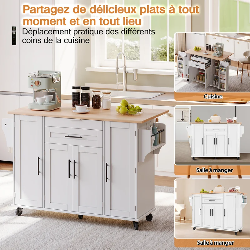 Procotols Îlot de Cuisine Roulant 136x70x92 cm MDF Blanc Naturel avec Plateau Extensible