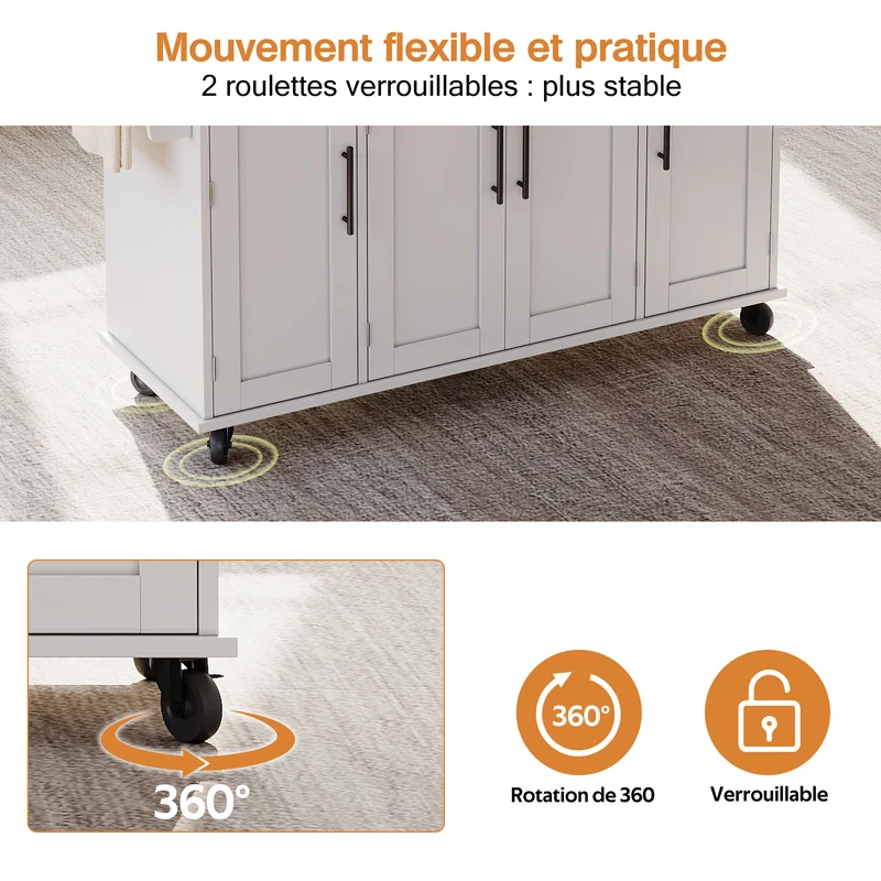 Procotols Îlot de Cuisine Roulant 136x70x92 cm MDF Blanc Naturel avec Plateau Extensible