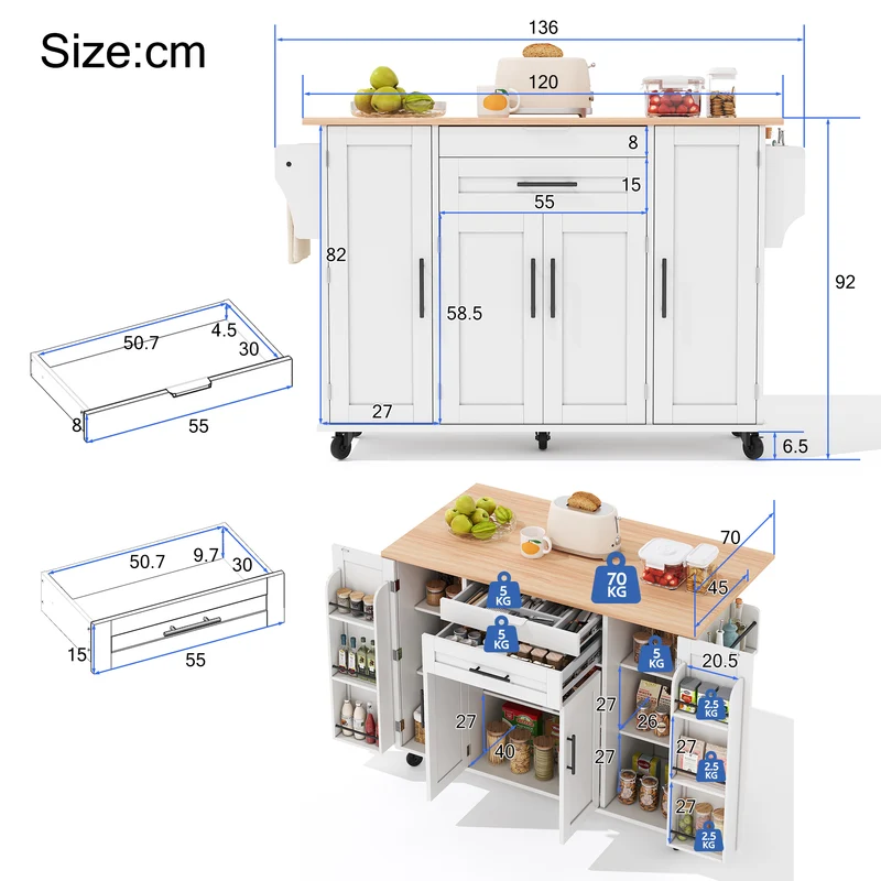 Procotols Îlot de Cuisine Roulant 136x70x92 cm MDF Blanc Naturel avec Plateau Extensible