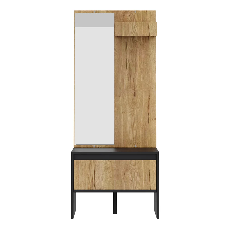 Landway Meuble d’entrée avec miroir 60 cm noir effet bois, banc à chaussures 2 tiroirs
