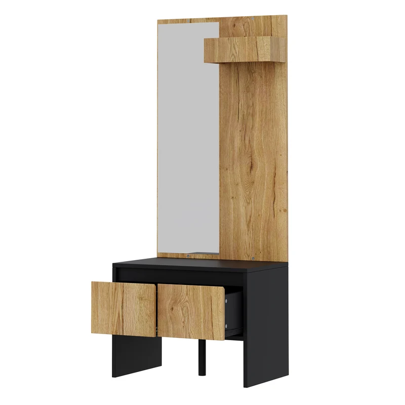 Landway Meuble d’entrée avec miroir 60 cm noir effet bois, banc à chaussures 2 tiroirs