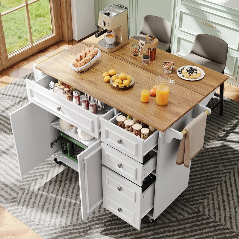 Nonjudicative Îlot de Cuisine Pliant Blanc MDF 110 x 45-75 cm avec Rangement et Plateau Extensible