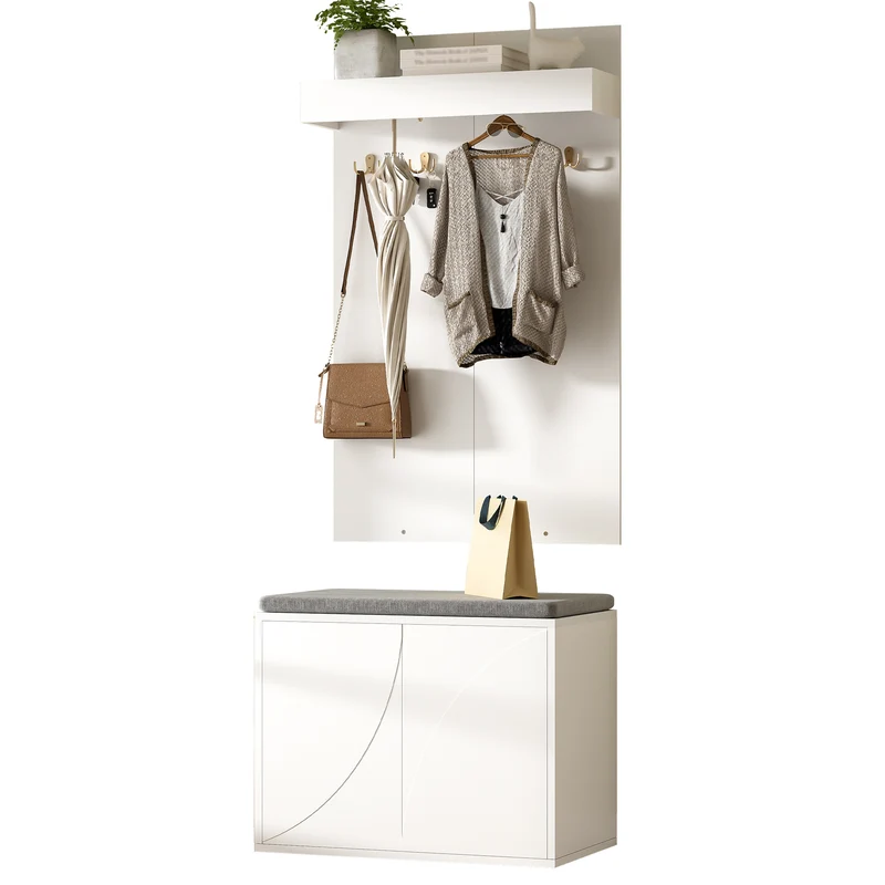 Untittering Meuble d’Entrée Blanc 60 cm avec Banc, Porte-Manteaux 4 Crochets et Range-Chaussures