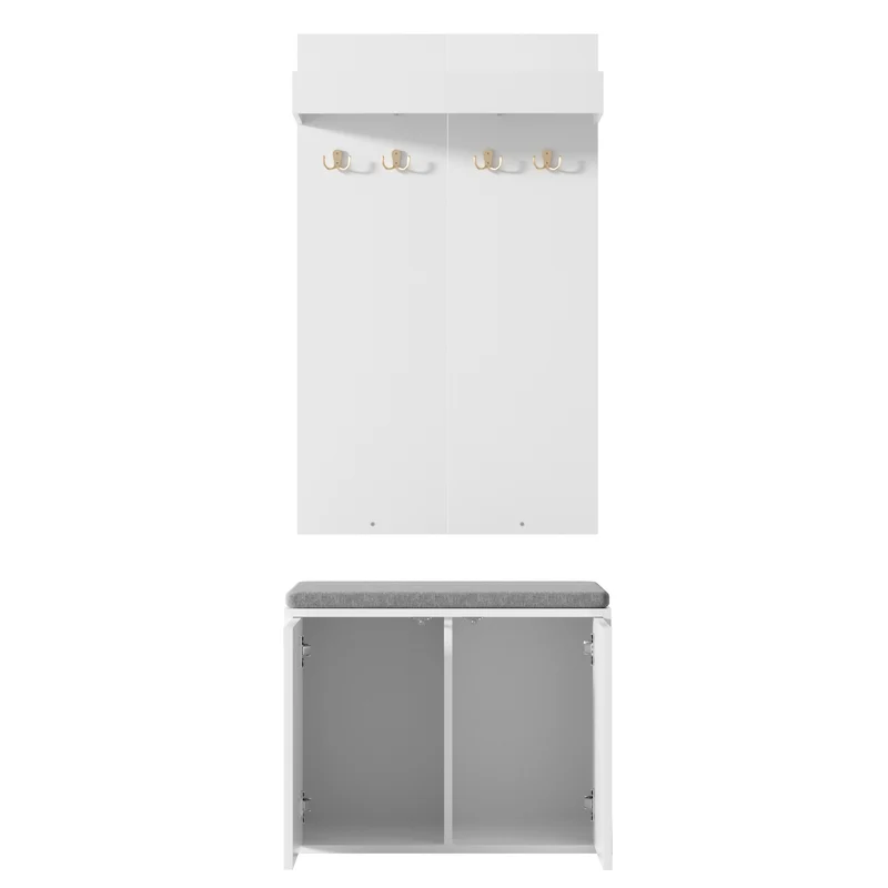 Untittering Meuble d’Entrée Blanc 60 cm avec Banc, Porte-Manteaux 4 Crochets et Range-Chaussures