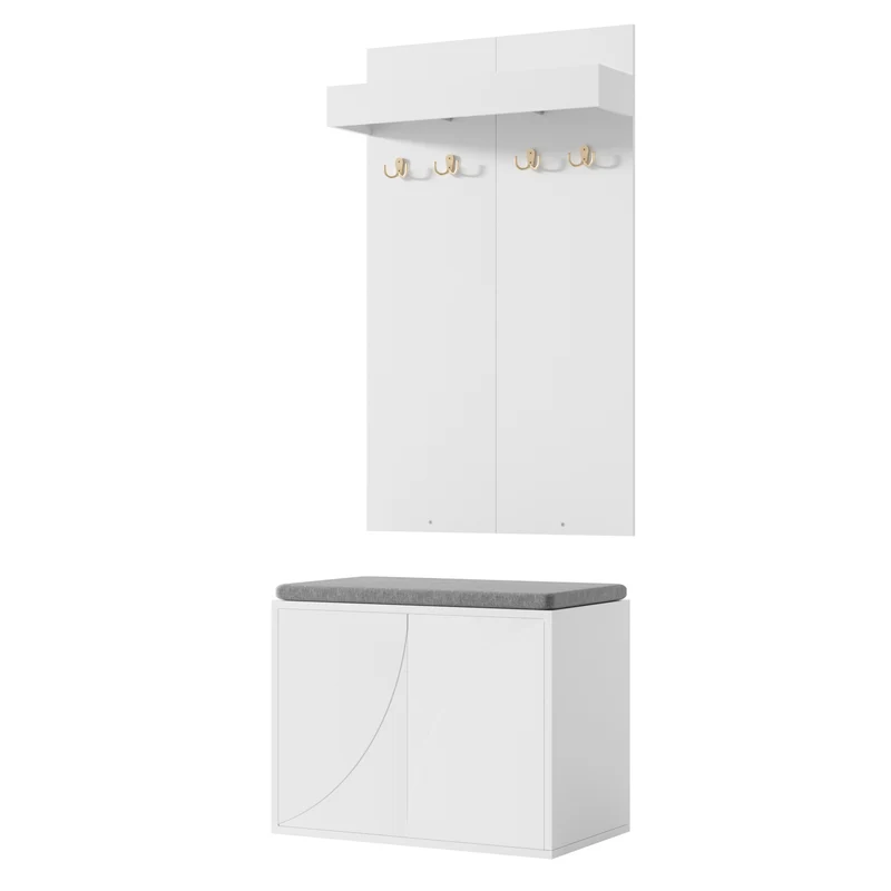 Untittering Meuble d’Entrée Blanc 60 cm avec Banc, Porte-Manteaux 4 Crochets et Range-Chaussures