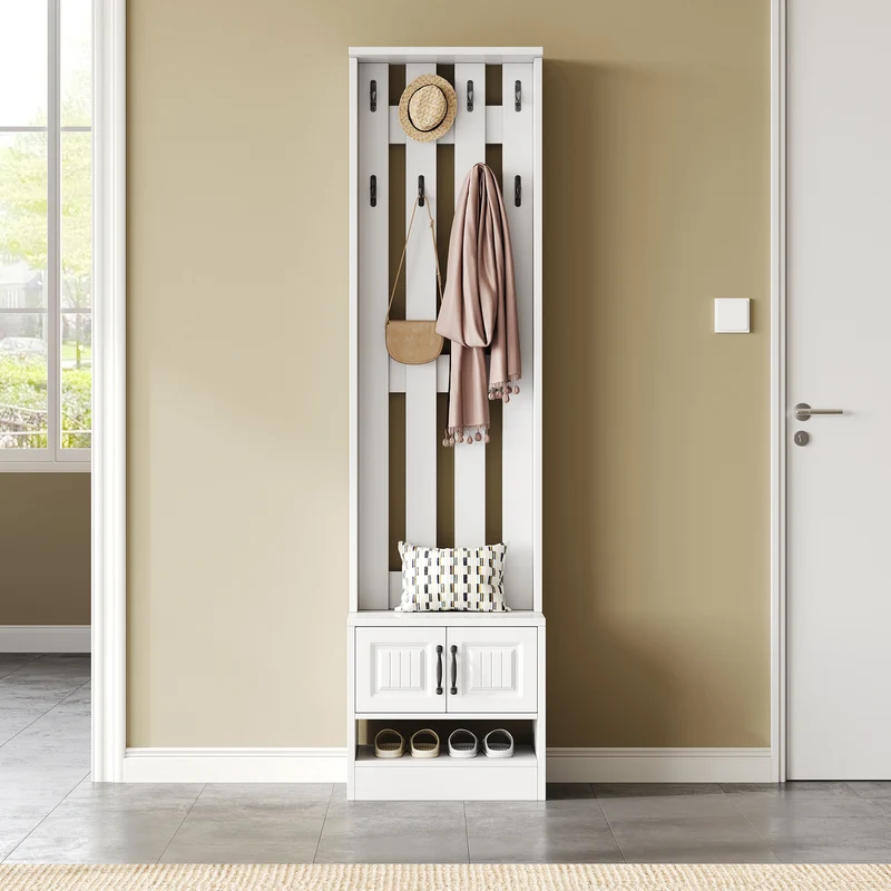 Peulvan Meuble à chaussures blanc 50x36x190 cm avec banc, porte-manteau et 8 crochets
