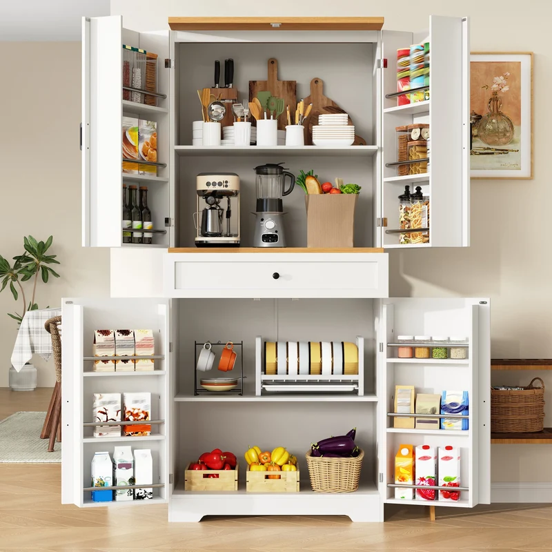 Nasion Buffet haut blanc 80x40x180 cm MDF, rangement cuisine avec étagères et tiroirs