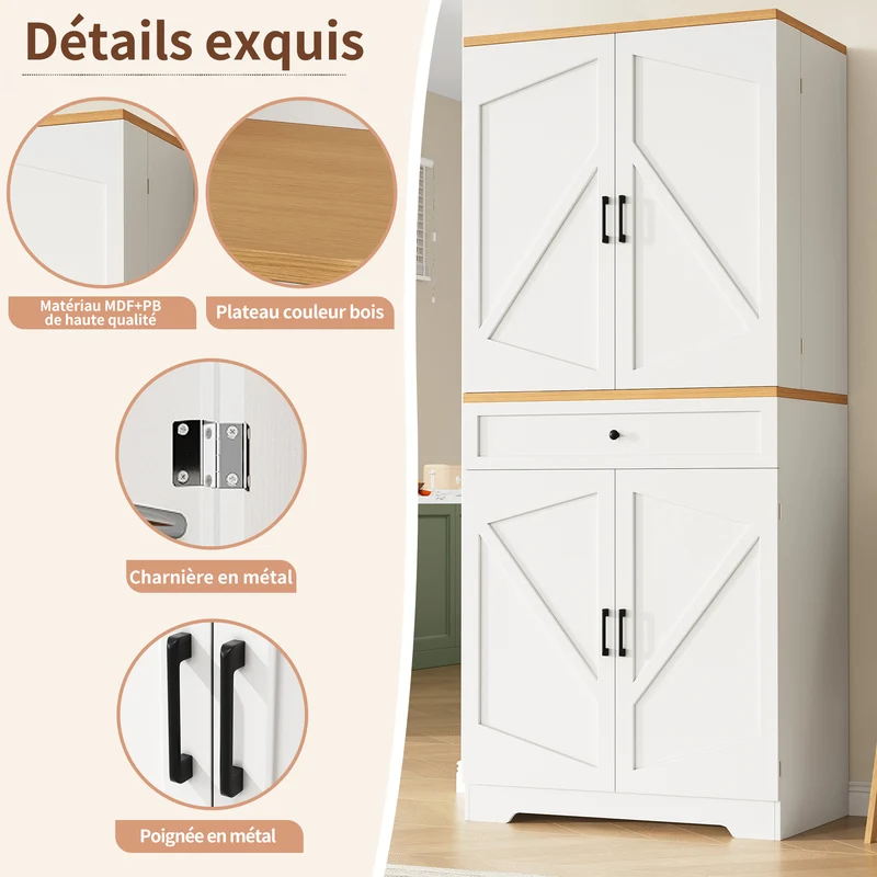 Nasion Buffet haut blanc 80x40x180 cm MDF, rangement cuisine avec étagères et tiroirs