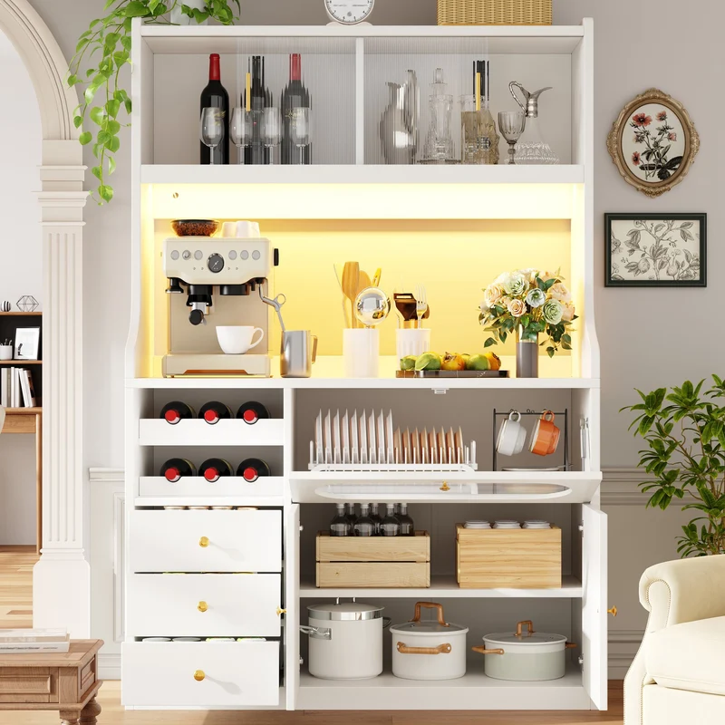 Talemaster Buffet de cuisine 120 cm blanc MDF, LED RGB, portes vitrées coulissantes & range-bouteilles