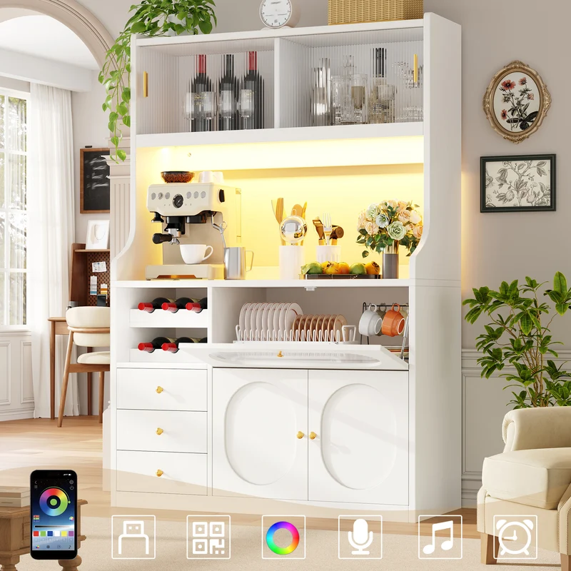 Talemaster Buffet de cuisine 120 cm blanc MDF, LED RGB, portes vitrées coulissantes & range-bouteilles