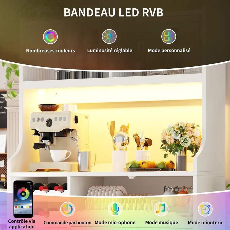 Talemaster Buffet de cuisine 120 cm blanc MDF, LED RGB, portes vitrées coulissantes & range-bouteilles
