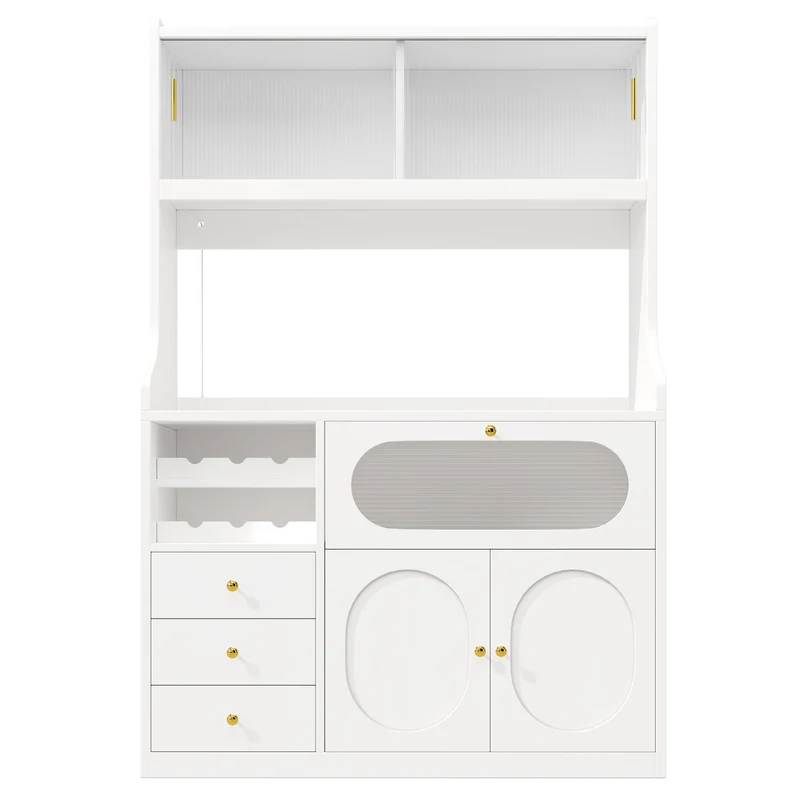 Talemaster Buffet de cuisine 120 cm blanc MDF, LED RGB, portes vitrées coulissantes & range-bouteilles