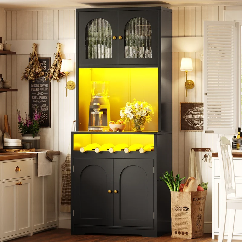 Blipped Buffet Haut 180 cm Noir MDF, Vitrine LED RGB avec Porte-Verres & Range-Bouteilles