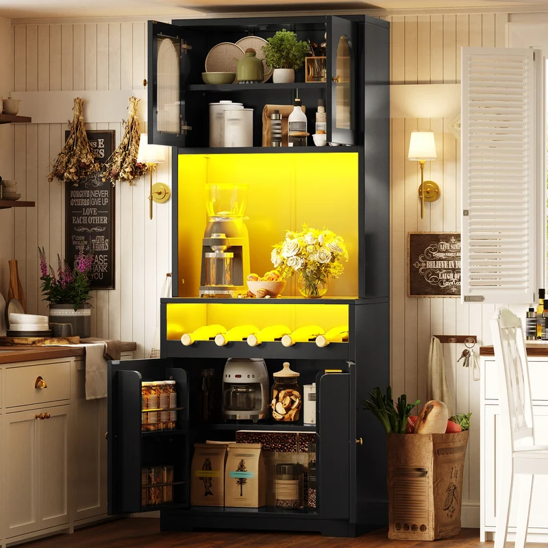 Blipped Buffet Haut 180 cm Noir MDF, Vitrine LED RGB avec Porte-Verres & Range-Bouteilles
