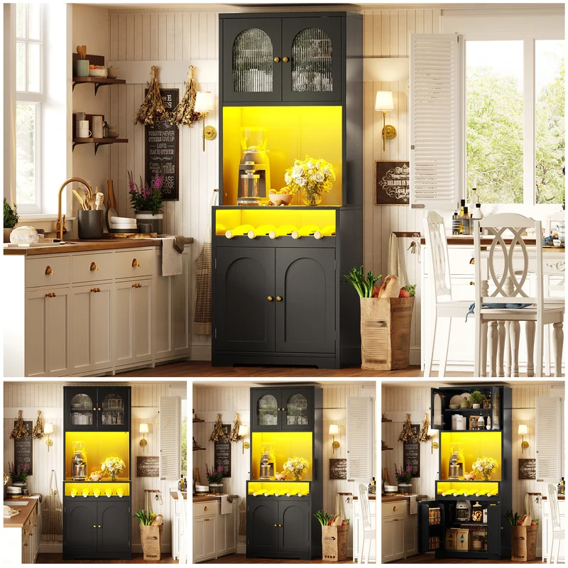 Blipped Buffet Haut 180 cm Noir MDF, Vitrine LED RGB avec Porte-Verres & Range-Bouteilles