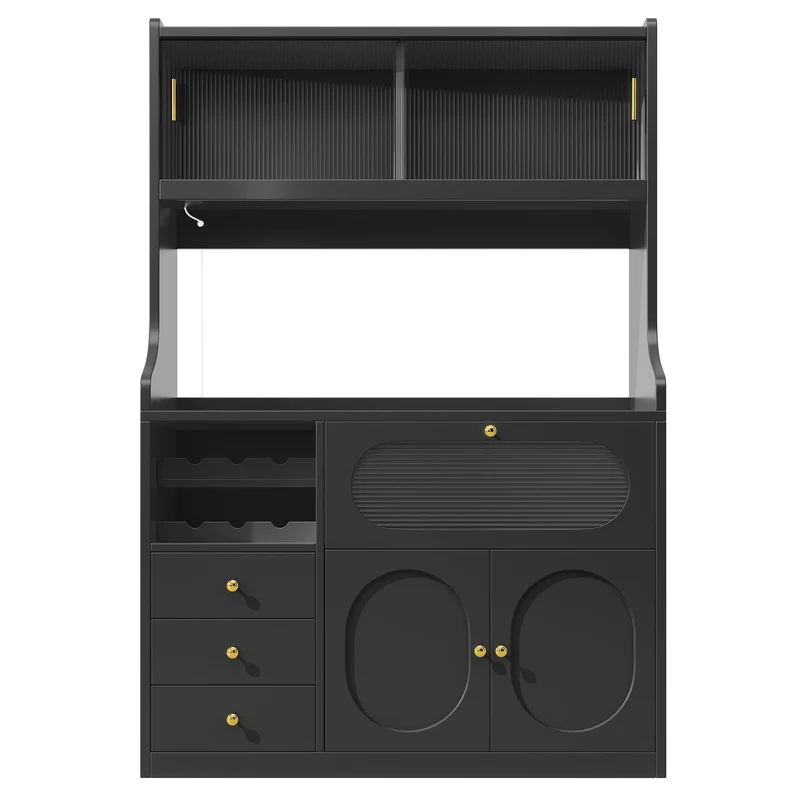 Hexacosihedroid Buffet haut cuisine 120 cm noir MDF avec LED RGB, portes vitrées et range-bouteilles