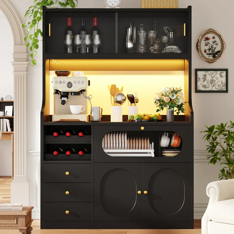 Hexacosihedroid Buffet haut cuisine 120 cm noir MDF avec LED RGB, portes vitrées et range-bouteilles