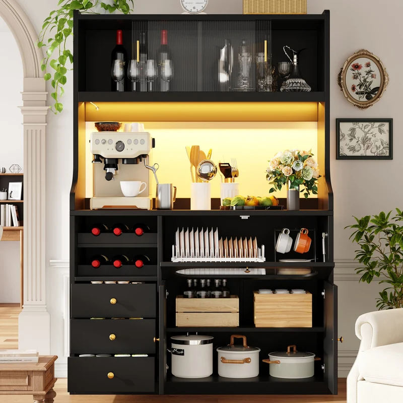 Hexacosihedroid Buffet haut cuisine 120 cm noir MDF avec LED RGB, portes vitrées et range-bouteilles