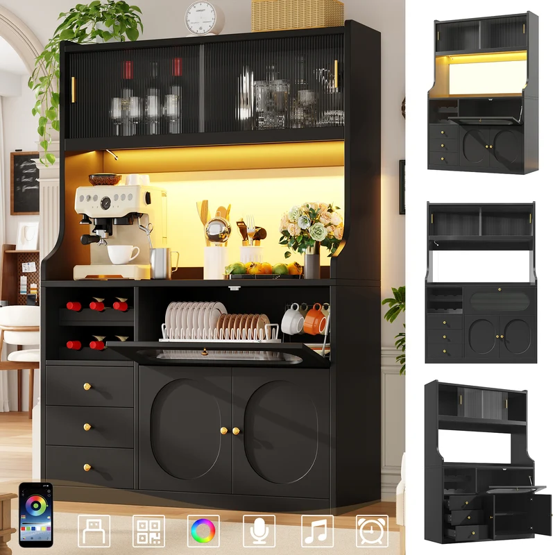 Hexacosihedroid Buffet haut cuisine 120 cm noir MDF avec LED RGB, portes vitrées et range-bouteilles