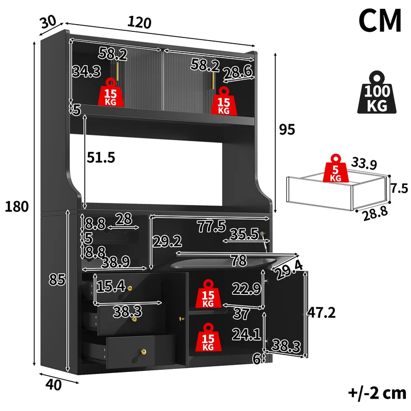 Hexacosihedroid Buffet haut cuisine 120 cm noir MDF avec LED RGB, portes vitrées et range-bouteilles