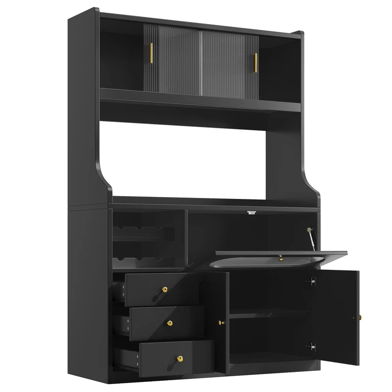Hexacosihedroid Buffet haut cuisine 120 cm noir MDF avec LED RGB, portes vitrées et range-bouteilles